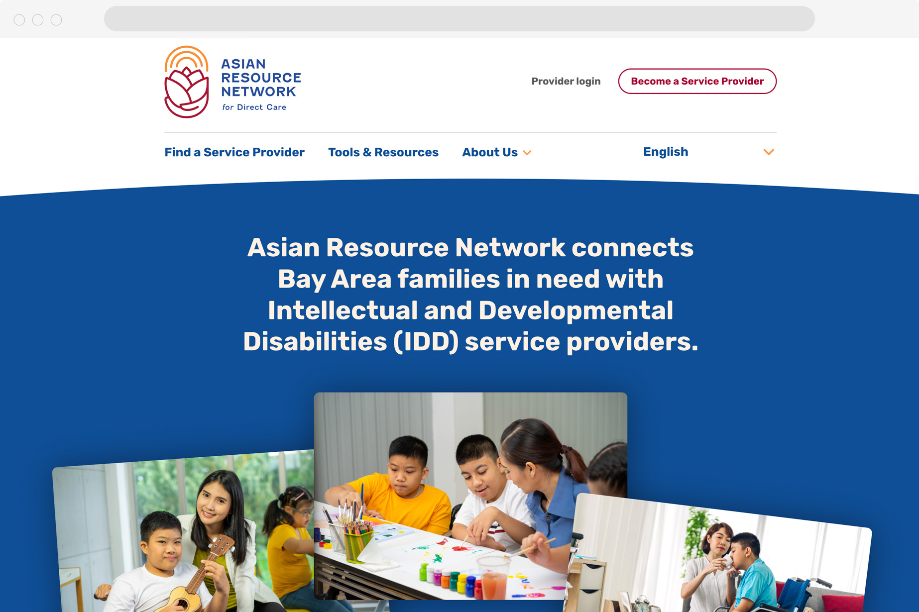 A homepage snapshot of Asian Resource Network with custom logo, streamlined top navigation, and hero area text "Asian resource network connects bay area families in need with intellectual and developmental disabilities (IDD) service providers"  