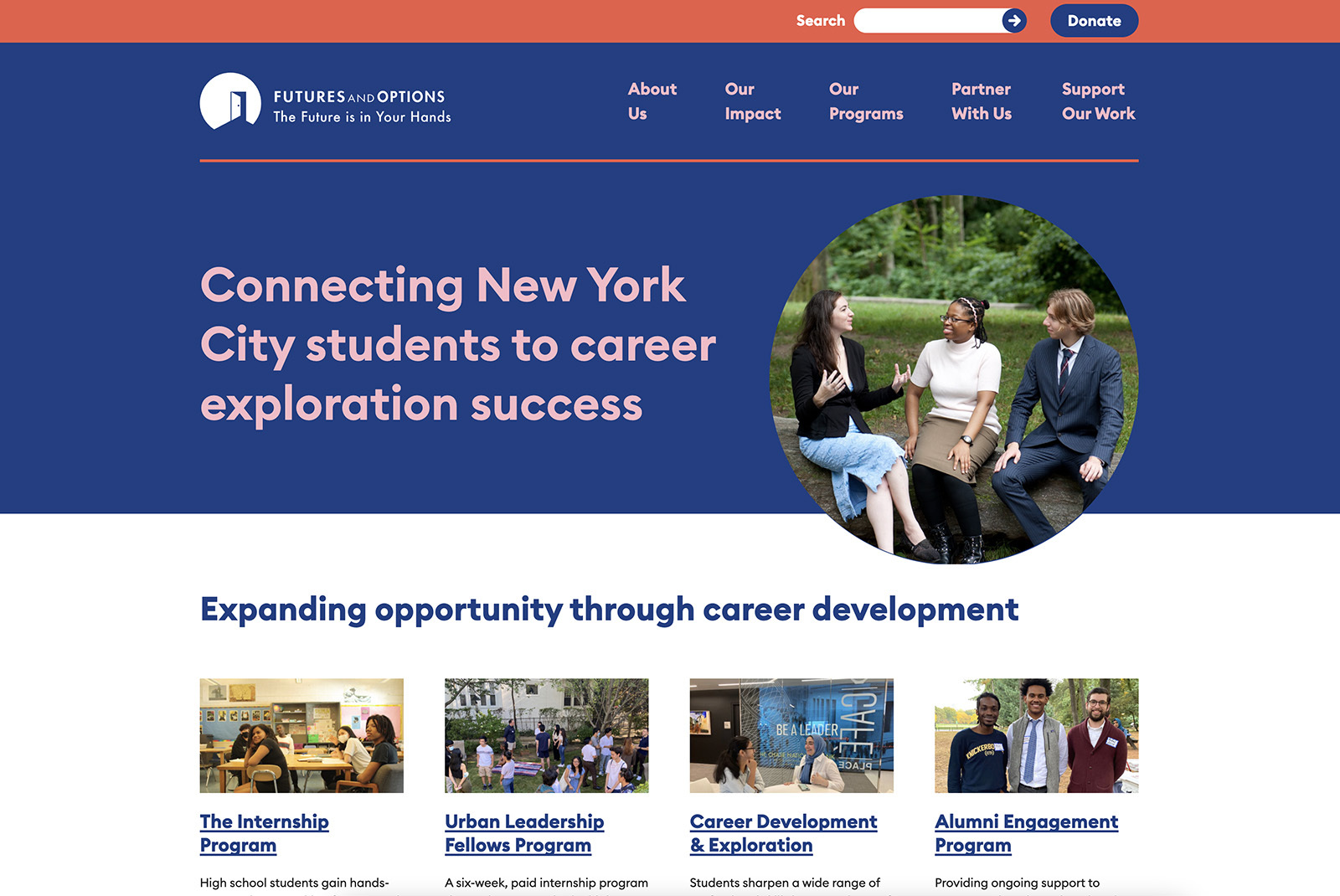 Futures and Options homepage showing 3 high-school-aged students dressed in business attire chatting together, says "Connecting New York City students to career exploration success" and "Expanding opportunity through career development"