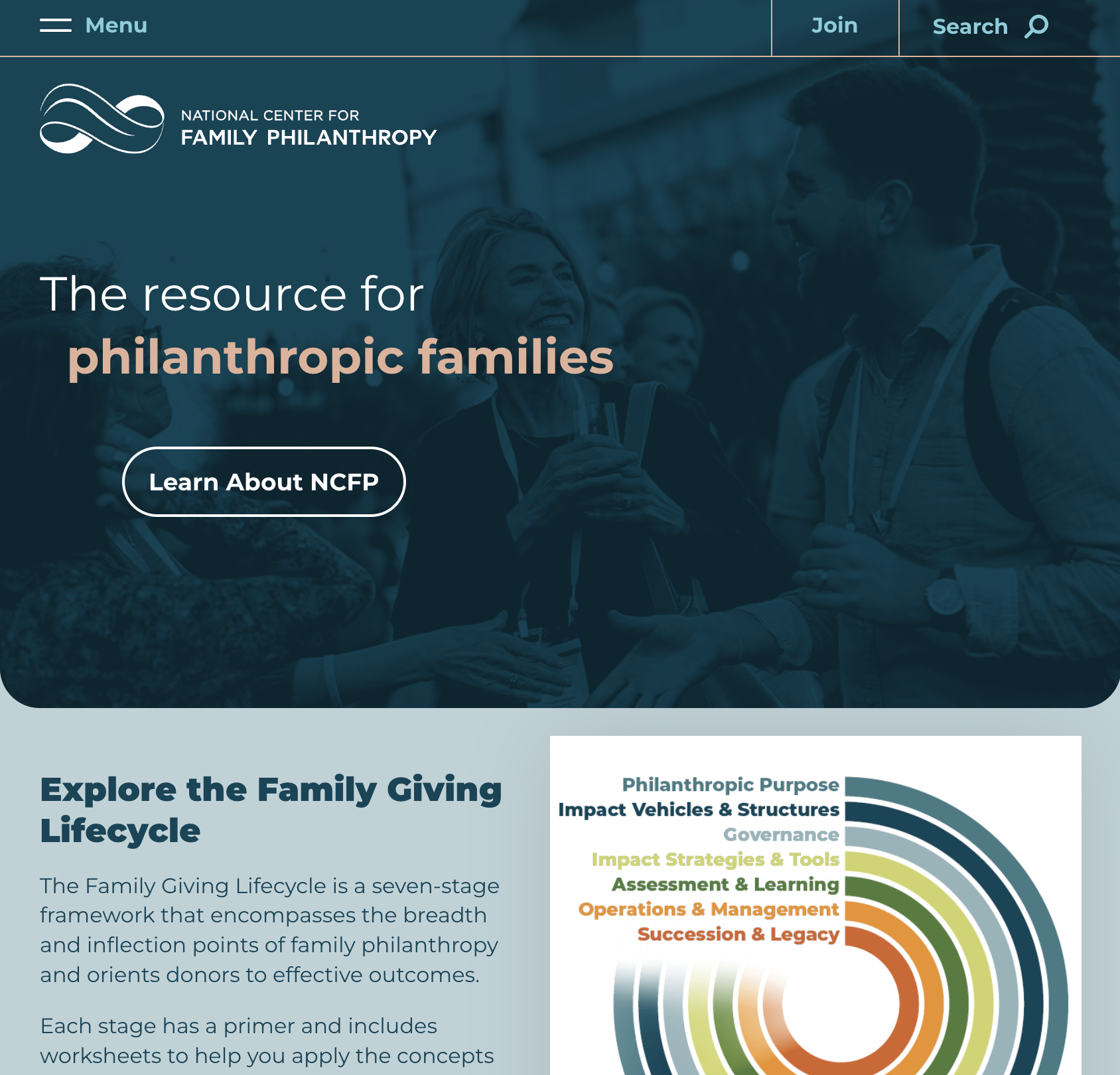 NCFP website with bold colors, fewer words, and clear message: The resource for philanthropic families