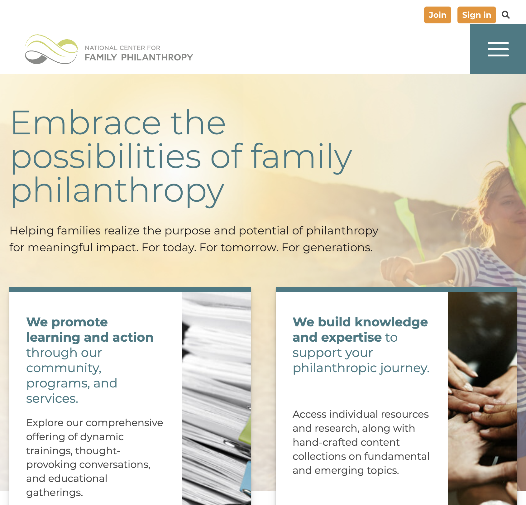 NCFP website with pale yellow background and three boxes filled with words