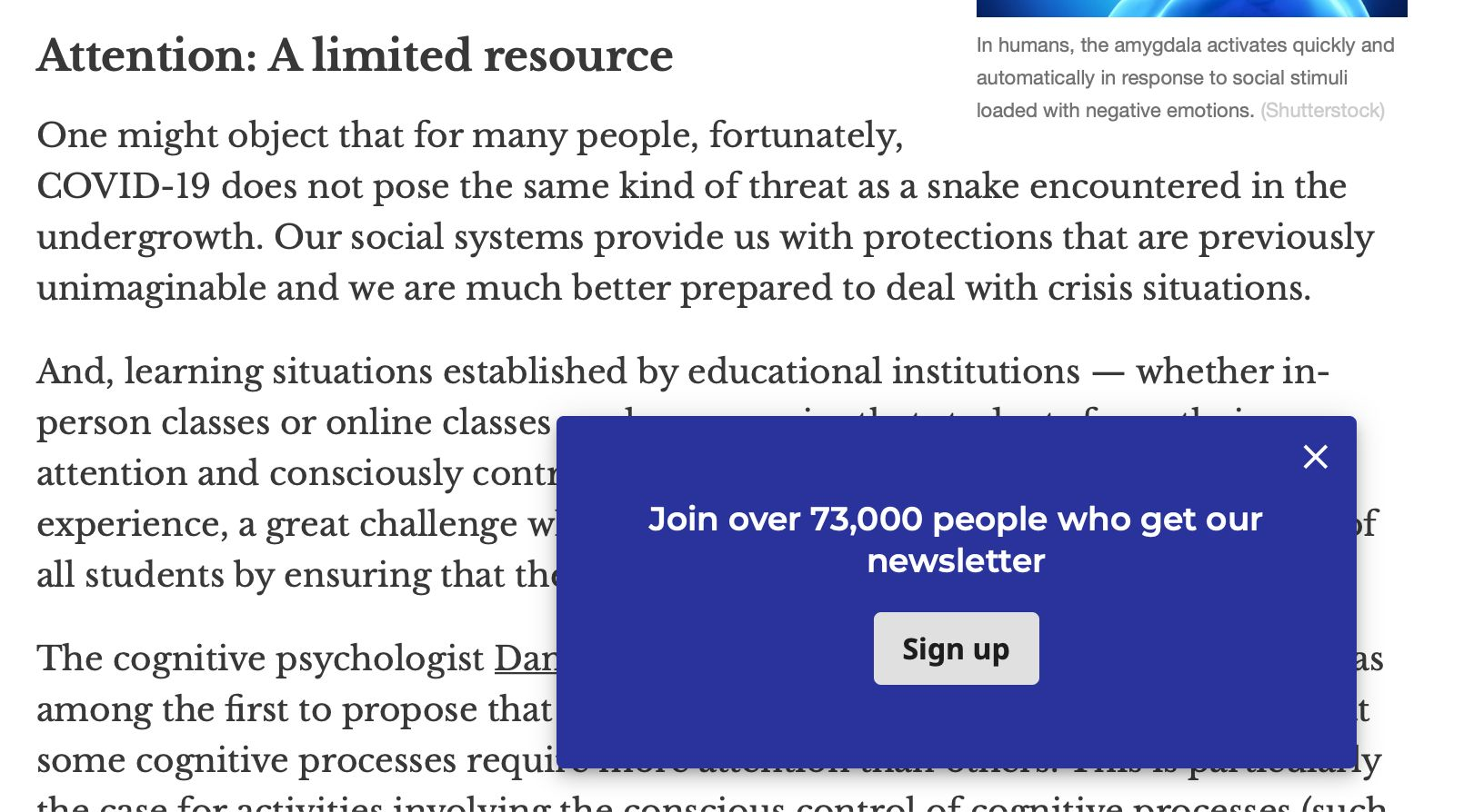 A newsletter modal interrupts the user as they read an article about being a limited resource.