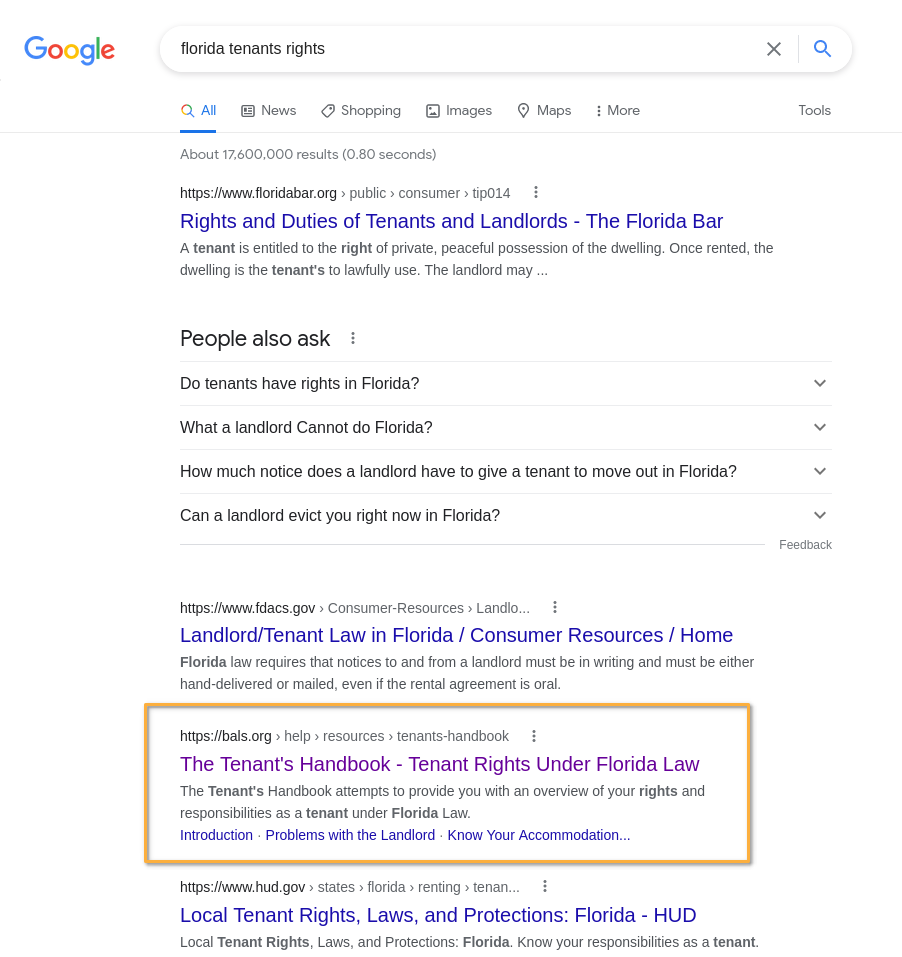 Google search results page for the query, "Florida tenants rights" with the Tenant's Handbook listed third.