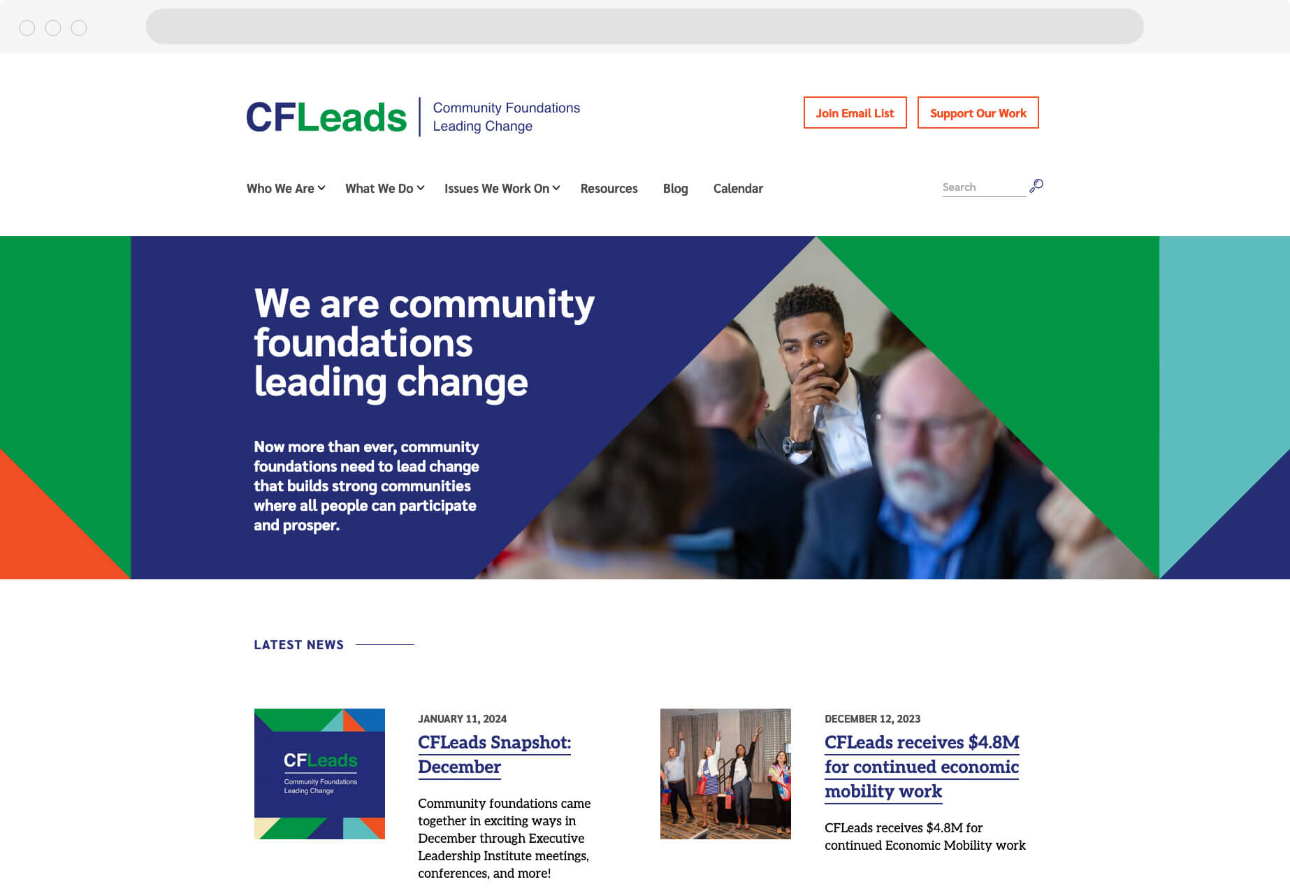 A homepage with hero area "We are community foundations leading change" with an image of a group of people listening and sitting in a room together.