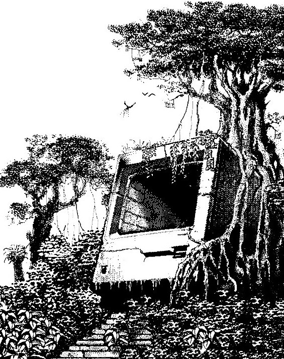 1 bit dithered aesthetic artwork of a giant sized classic mac bedded in jungle overgrowth at the top of a hill with stone stairs leading to the base as an ancient temple.