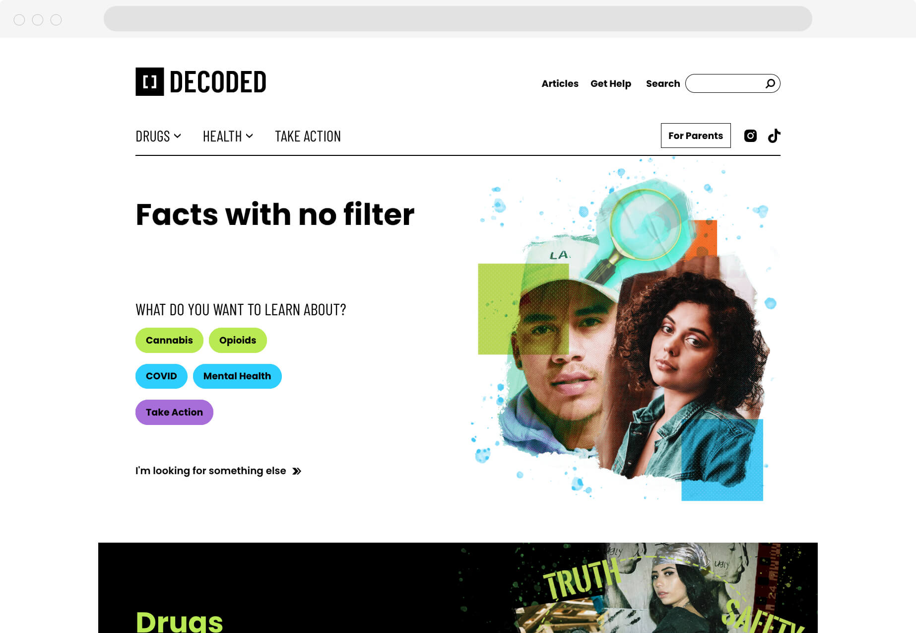 A snapshot of homepage with title "Facts with no filter" and image of two individuals and a magnifying glass,
