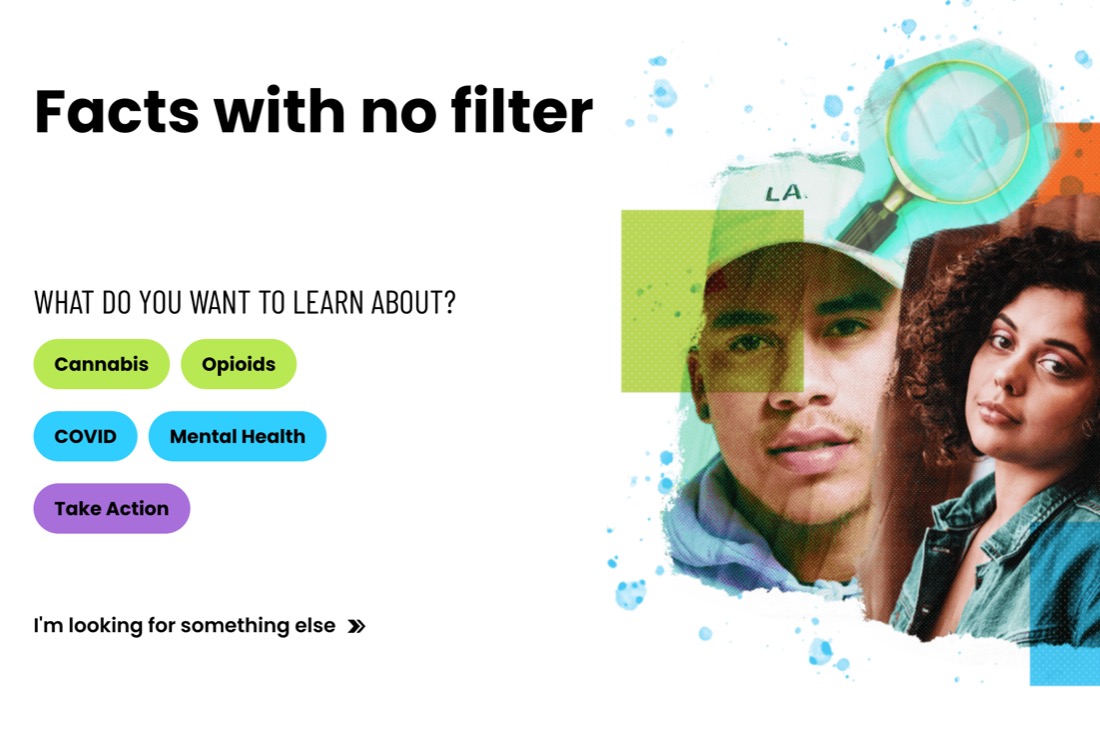 Heading text "Facts with no filter" and the question "What do you want to learn more about?" with an image graphic of a magnifying glass with two individuals.