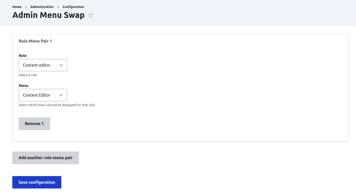 The configuration page for Admin Menu Swap, in which a role can be paired with a menu.
