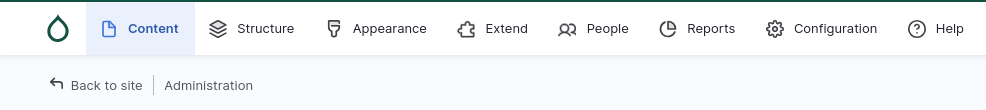 Drupal's default administrative menu which has links for content, structure, appearance, extend, people, reports, configuration, and help.