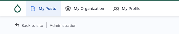 An administrative menu tailored to an author, with links for "My Posts," "My Organization", and "My Profile."