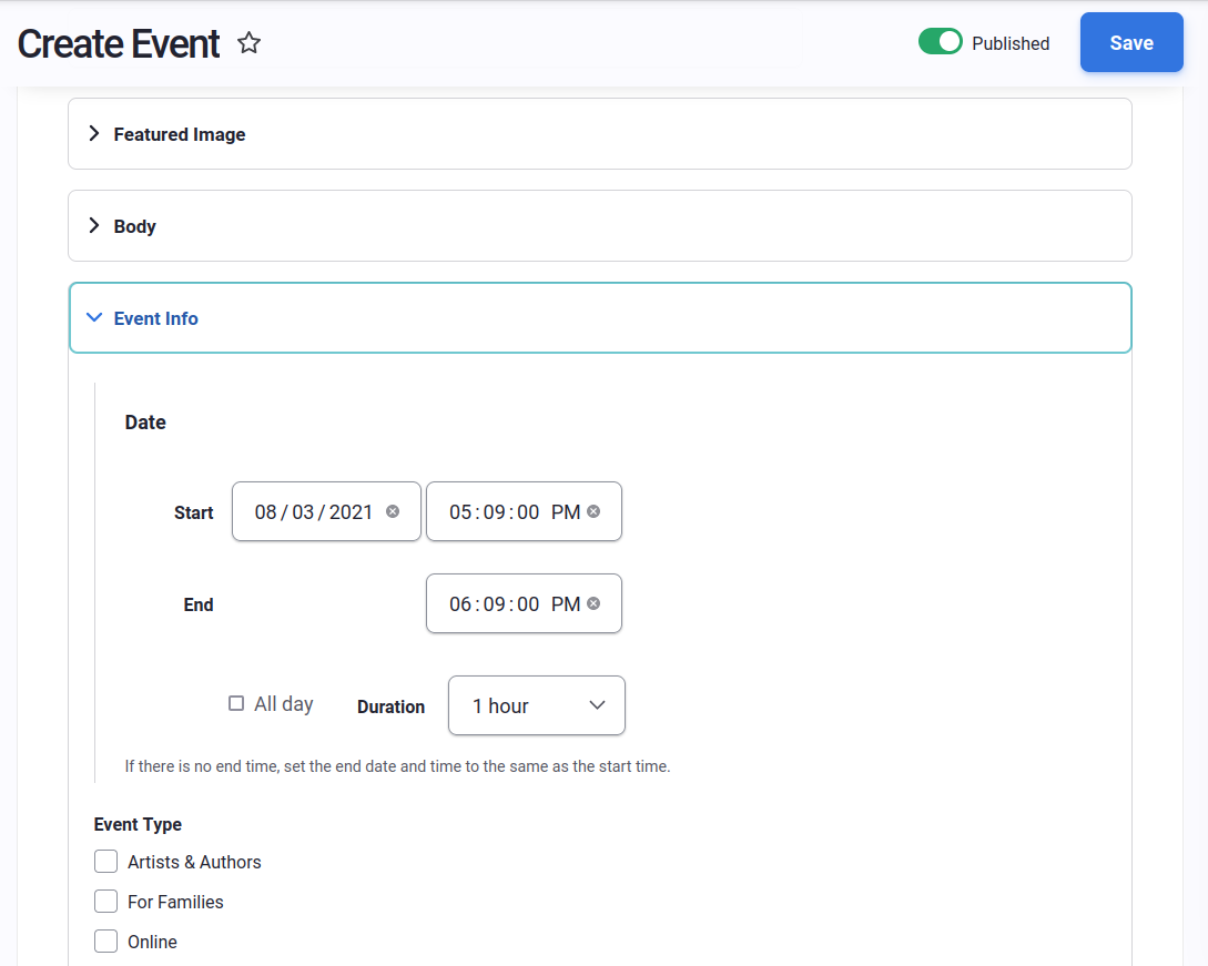 Screenshot of a form with fields about an Event grouped together in a tab.