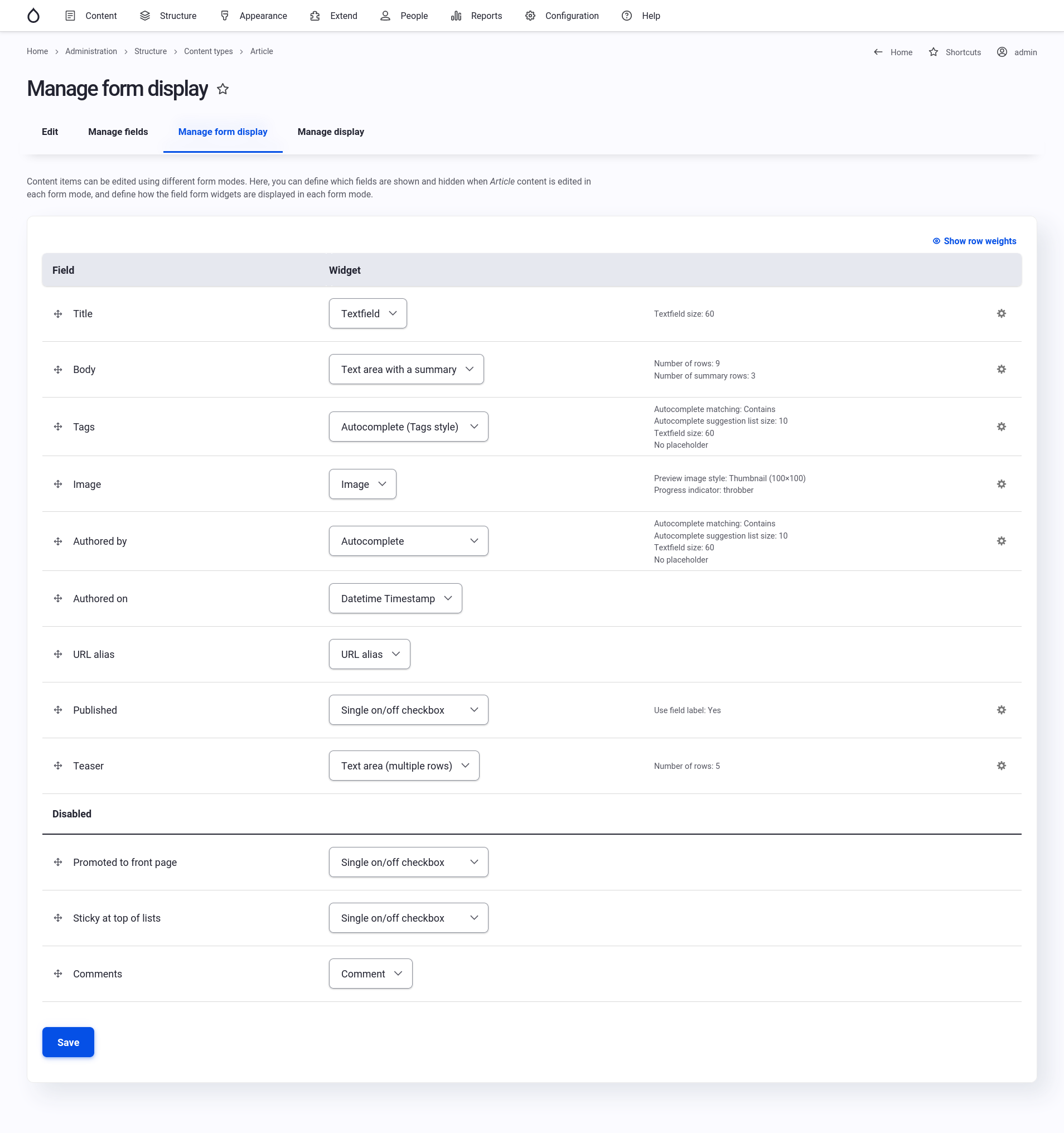 The Manage form display configuration page for the Article content type.