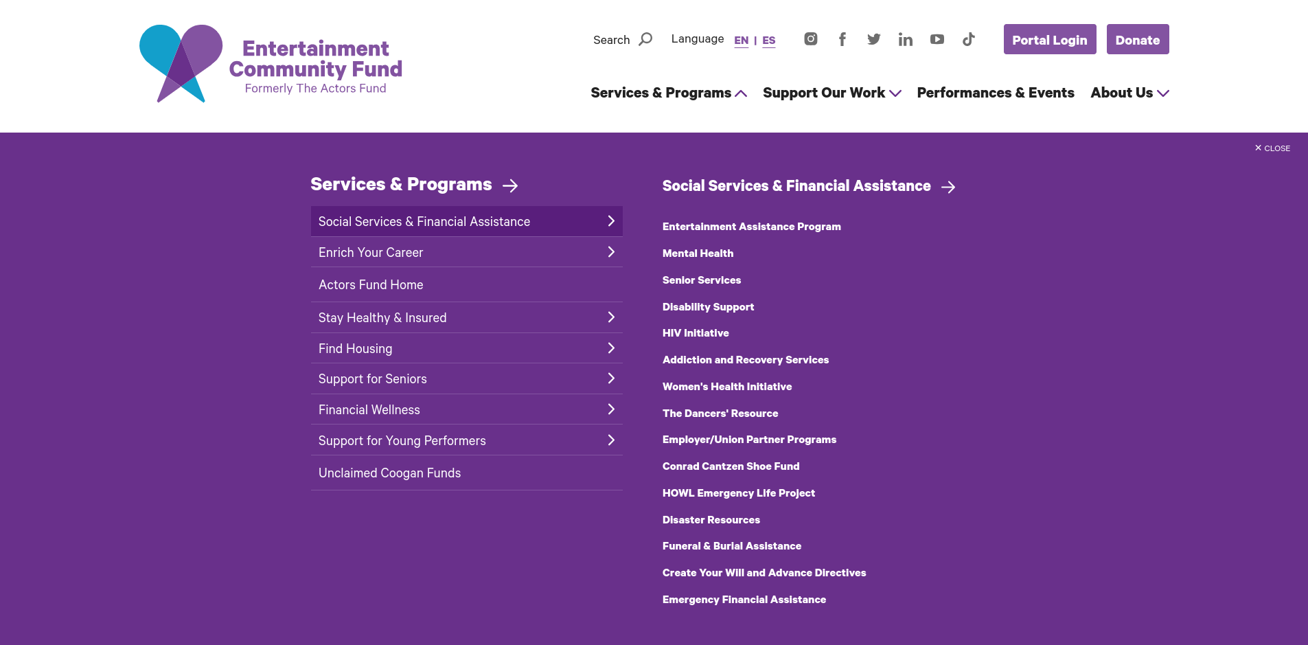 The Entertainment Community Fund Website's new mega menu.