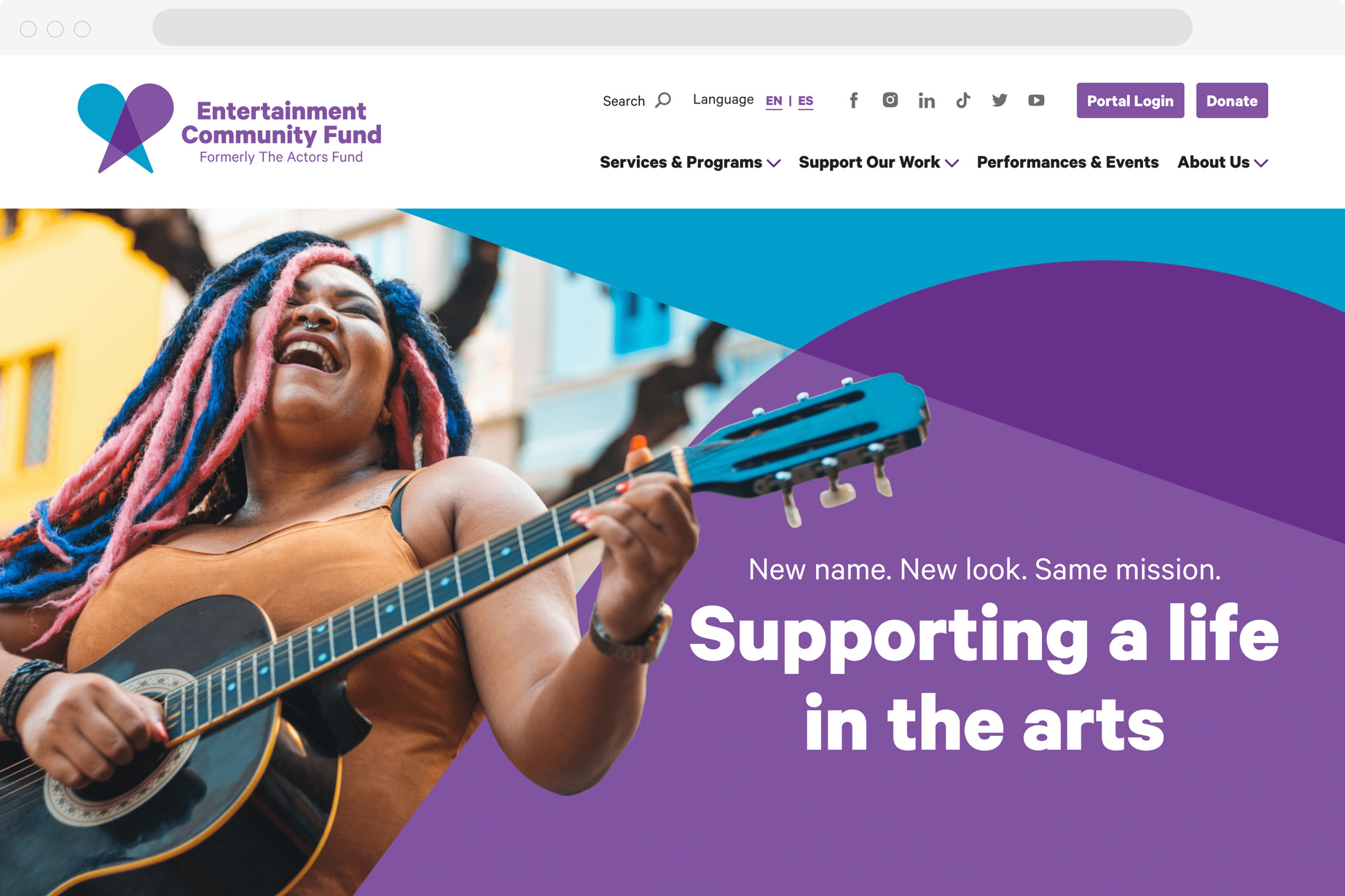 Entertainment Community Fund homepage screenshot; person emphatically singing and playing the guitar