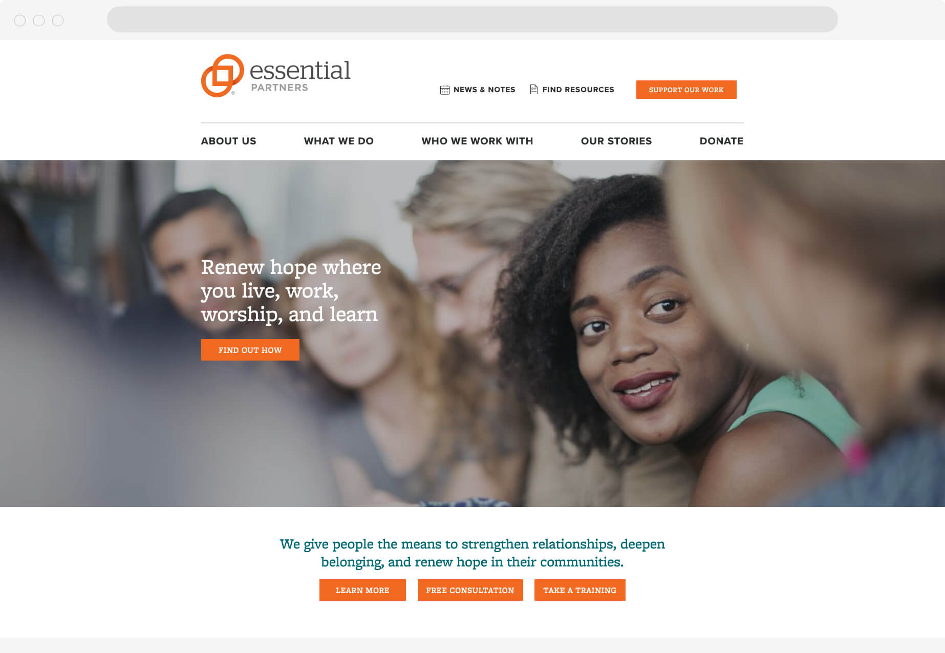 A homepage snapshot with a large hero area "Renew hope where you live, work, worship, and learn" and background image of a group of people sitting in a row engaged and listening with one another.