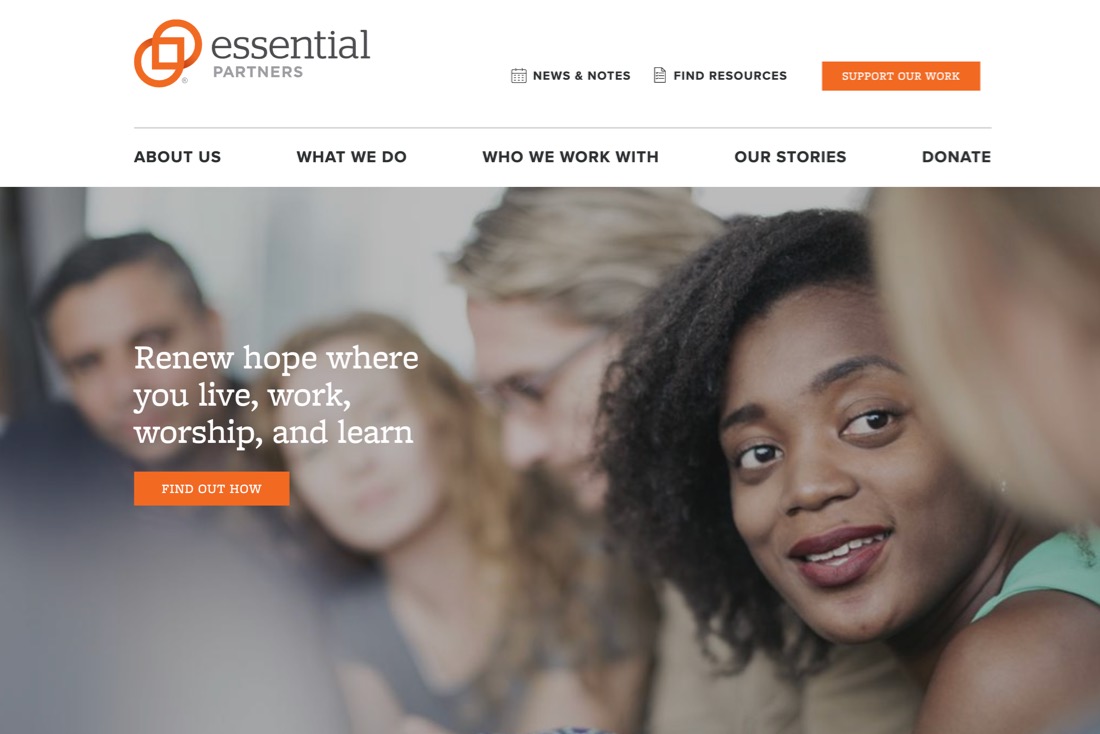 A homepage snapshot with a large hero area "Renew hope where you live, work, worship, and learn" and background image of a group of people sitting in a row engaged and listening with one another.