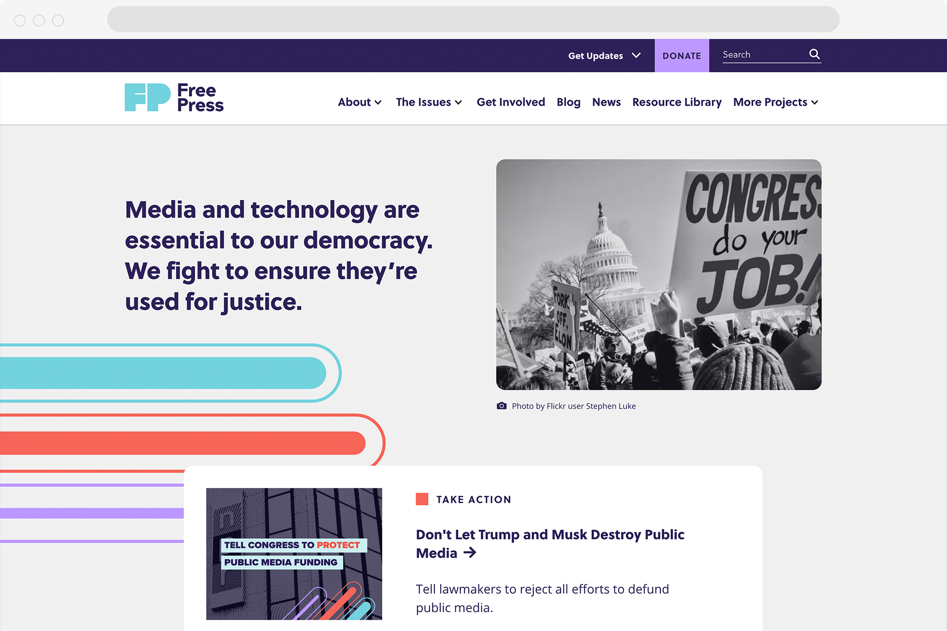 The homepage of Free Press, which features the statement, "Media and technology are essential to our democracy. We fight to ensure they're used for justice."
