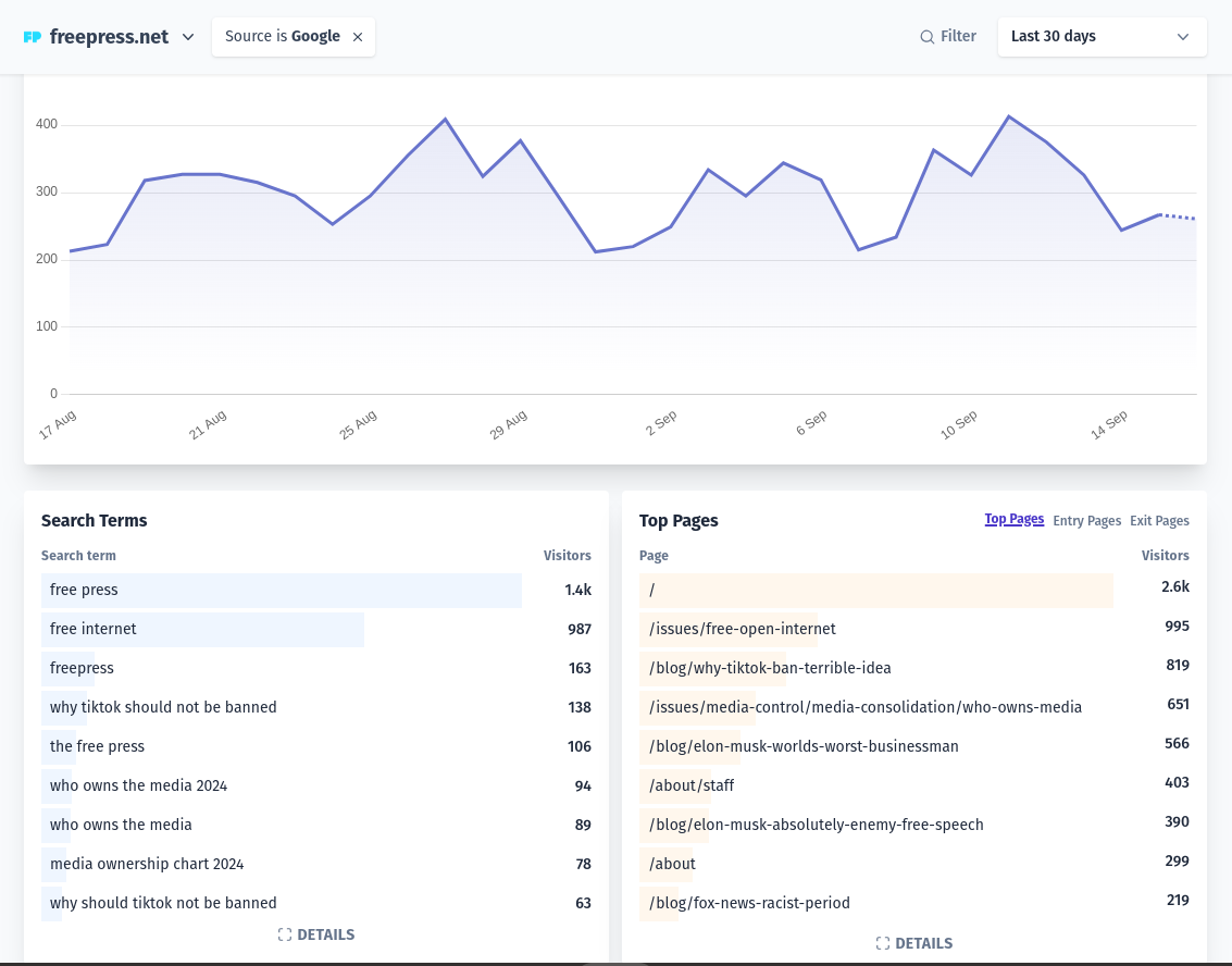 Plausible Analytics' report showing the top search terms from Google Search.