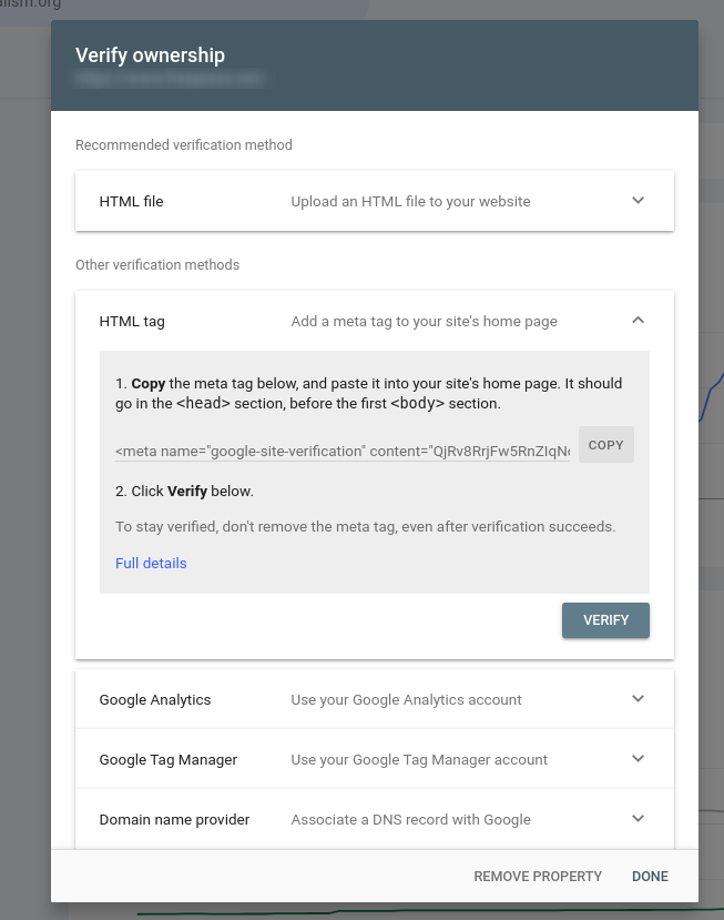 Google Search Console's verify ownership screen in which the options are HTML file, HTML tag, Google Analytics, Google Tag Manager and Domain name provider.