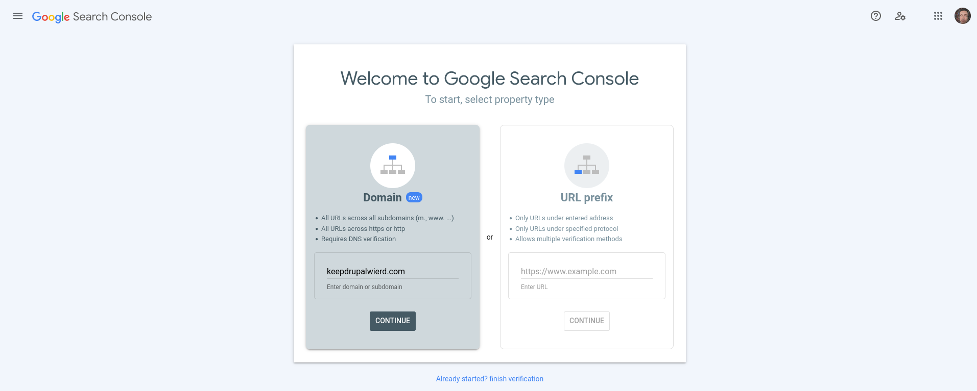 Google Search Console's welcome screen prompting the site owner to choose either a Domain or URL prefix property type.