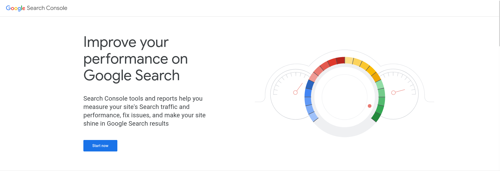 Screenshot of the Google Search Console marketing page, which reads "Improve your performance on Google Search."