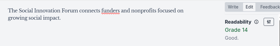 The SIF's about text rewritten with concise plain language, now scored at a Grade 14 level by the Hemingway Editor.