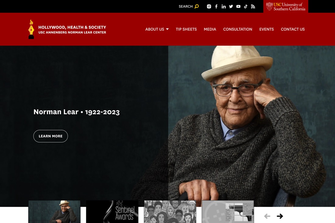 A homepage screenshot of Hollywood Health and Society with a large hero area and image of Norman Lear.