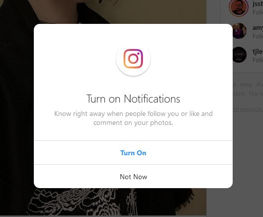 Instagram's ever present modal asking to turn on notifications.