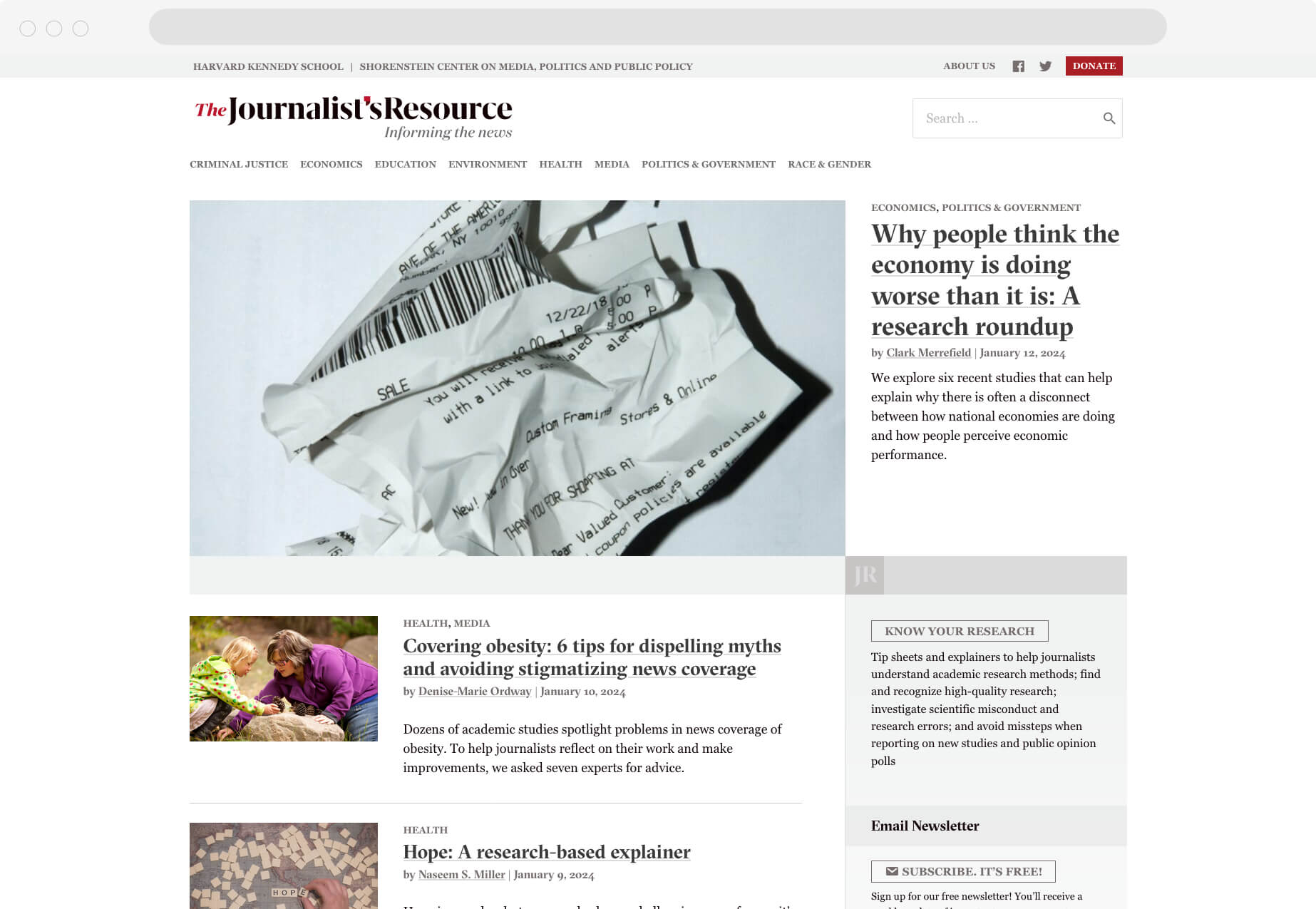 A homepage with a featured story "Why people think the economy is doing worse than it is: A research roundup" and an image of a crinkled receipt. 