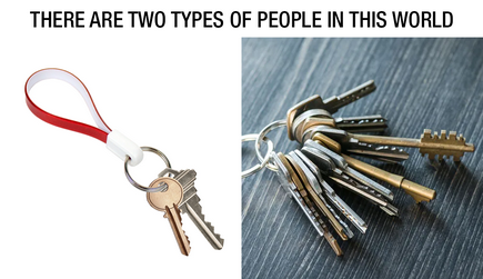 Two sets of keys, one neat keychain with 2 keys, one a huge mess of tons of keys, "There are two types of people in this world"