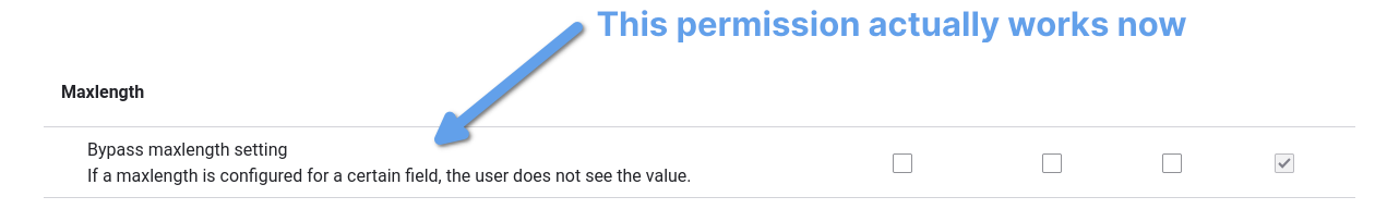 A Drupal permissions page with a note that "The Maxlength permission actually works now"