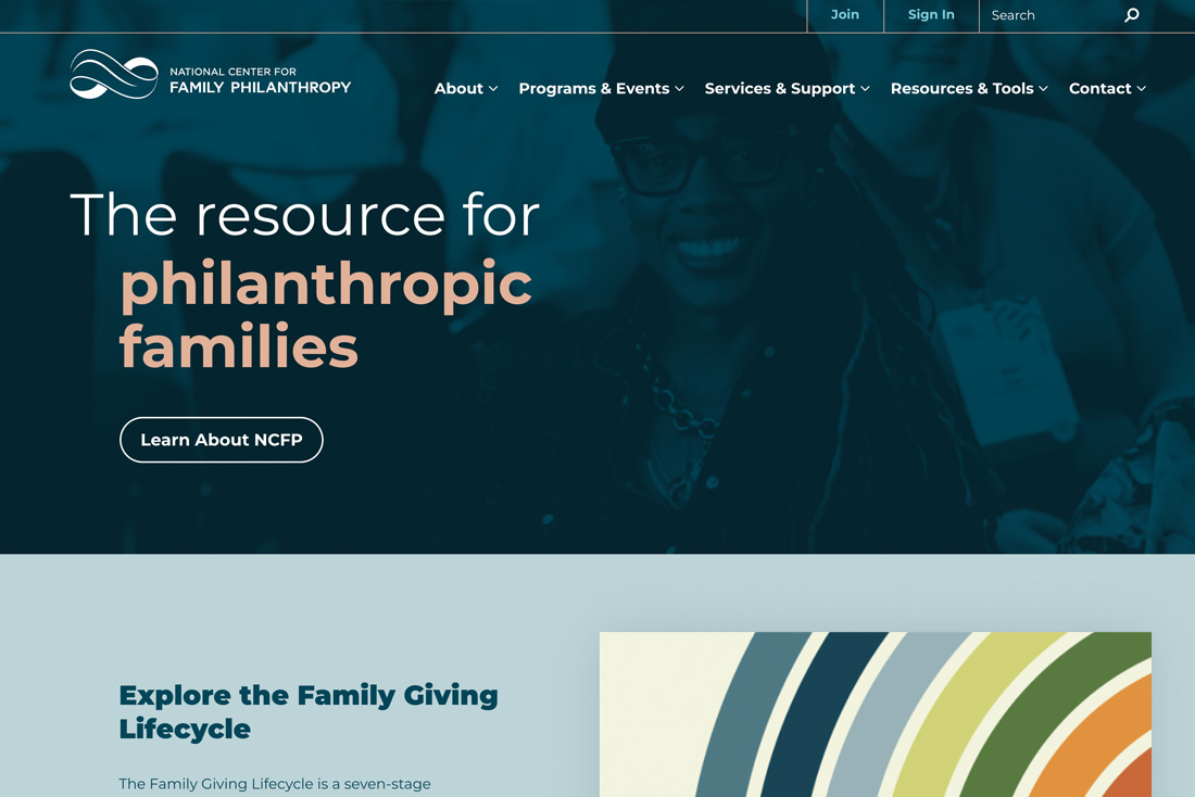 The homepage of NCFP, which features an elevator pitch reading, "The resource for philanthropic families."