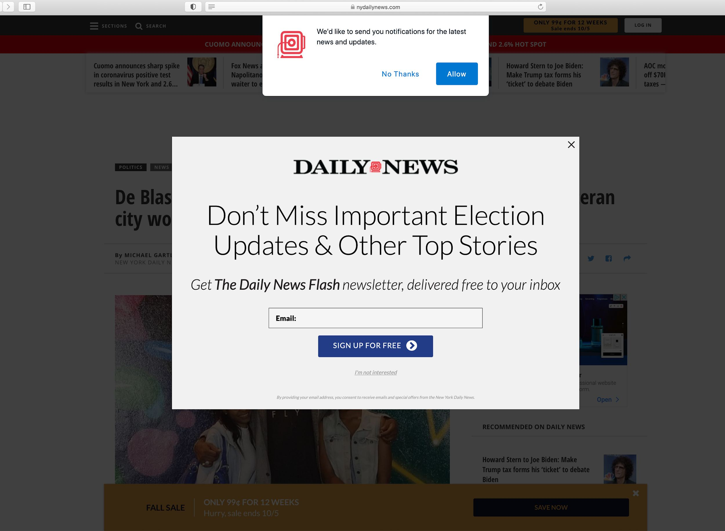 News website asking to turn on notifications and pushing a newsletter modal before the ready has even started reading the article. 