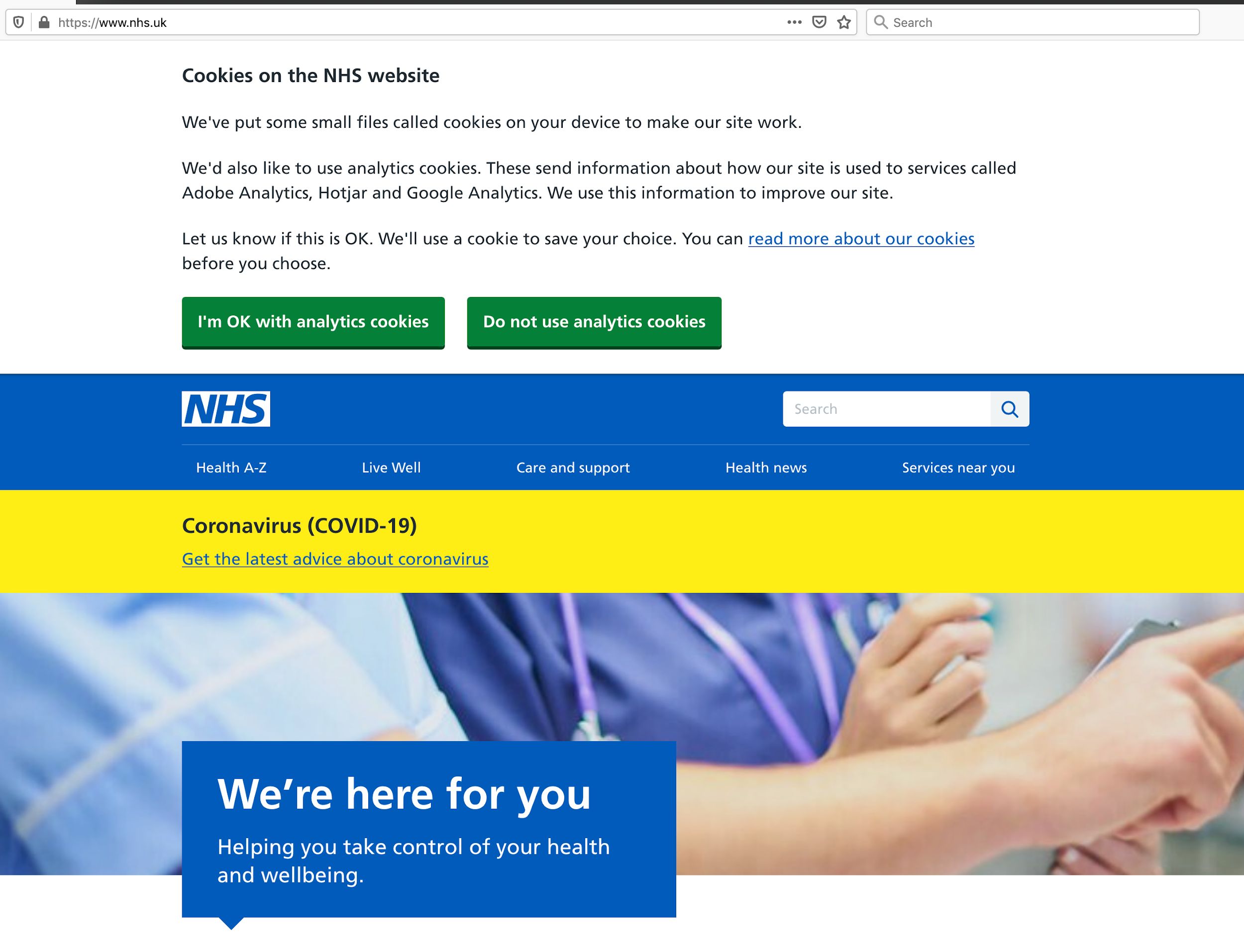 Cookies consent banner on the NHS website.