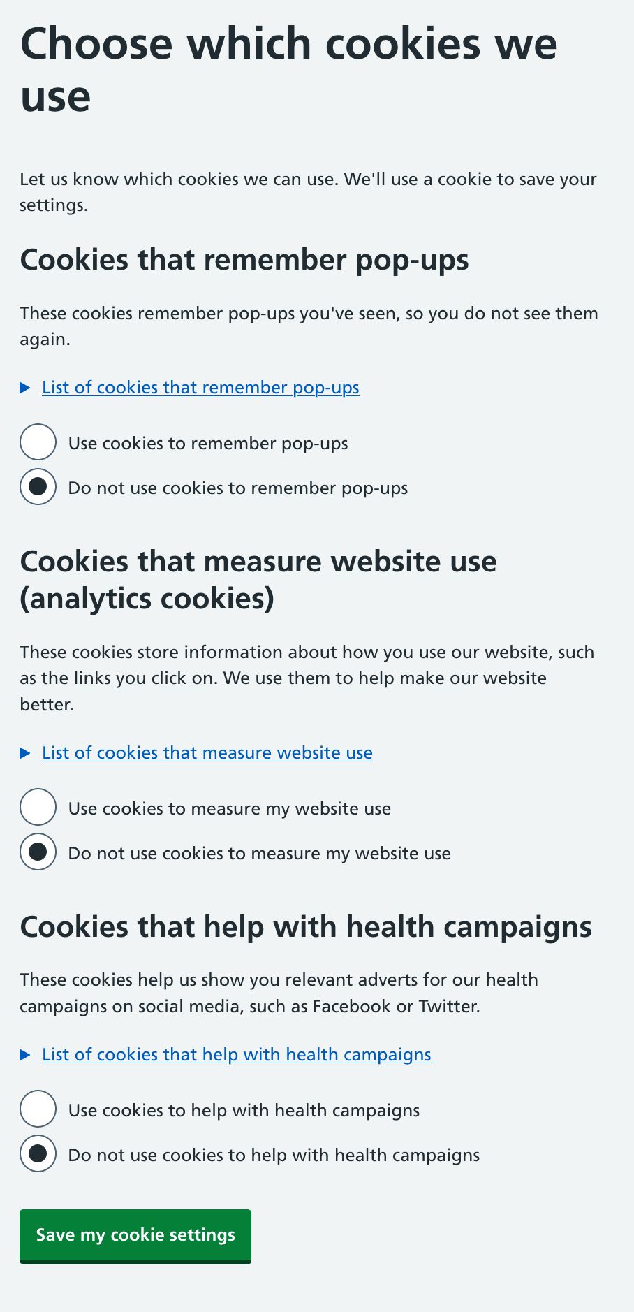 NHS cookie preferences page.