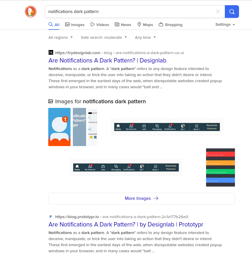 DuckDuckGo search results page for "notifications dark patterns"