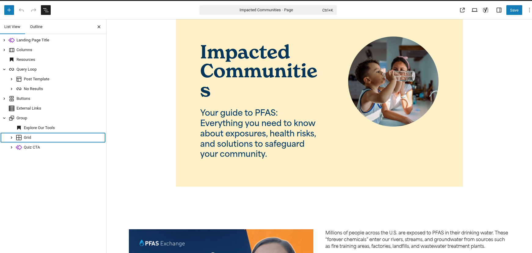 The WordPress editor of the new PFAS Exchange website, which is flexible but easy to use.