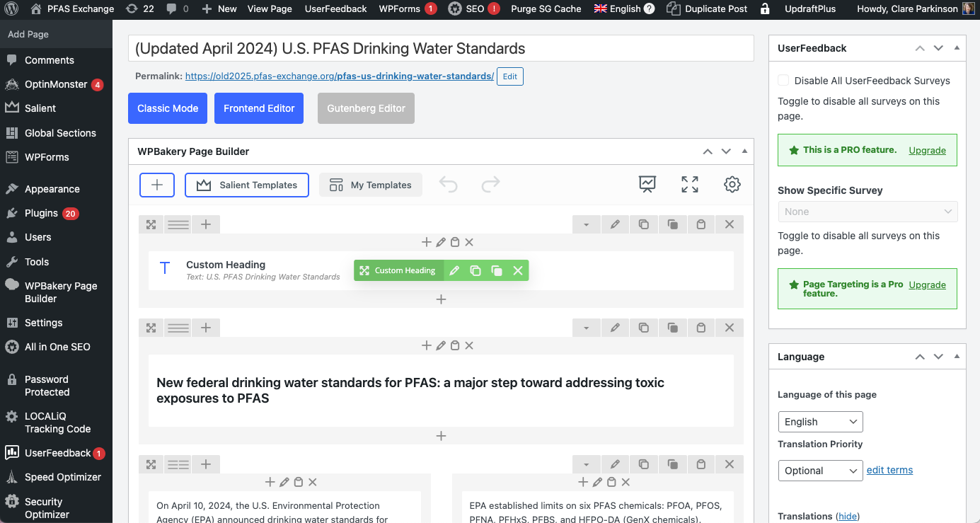 The WordPress editor of the old PFAS Exchange website, with an overwhelming amount of options in a cluttered interface.