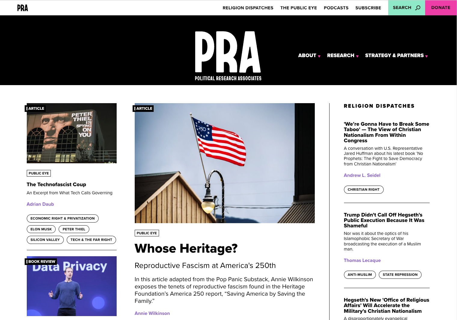 pra's website homepage with a newsletter style and headlines such as Whose Heritage?