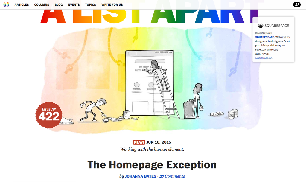 A List Apart homepage, illustration of people fixing an analog computer, with rainbow overlay for Pride