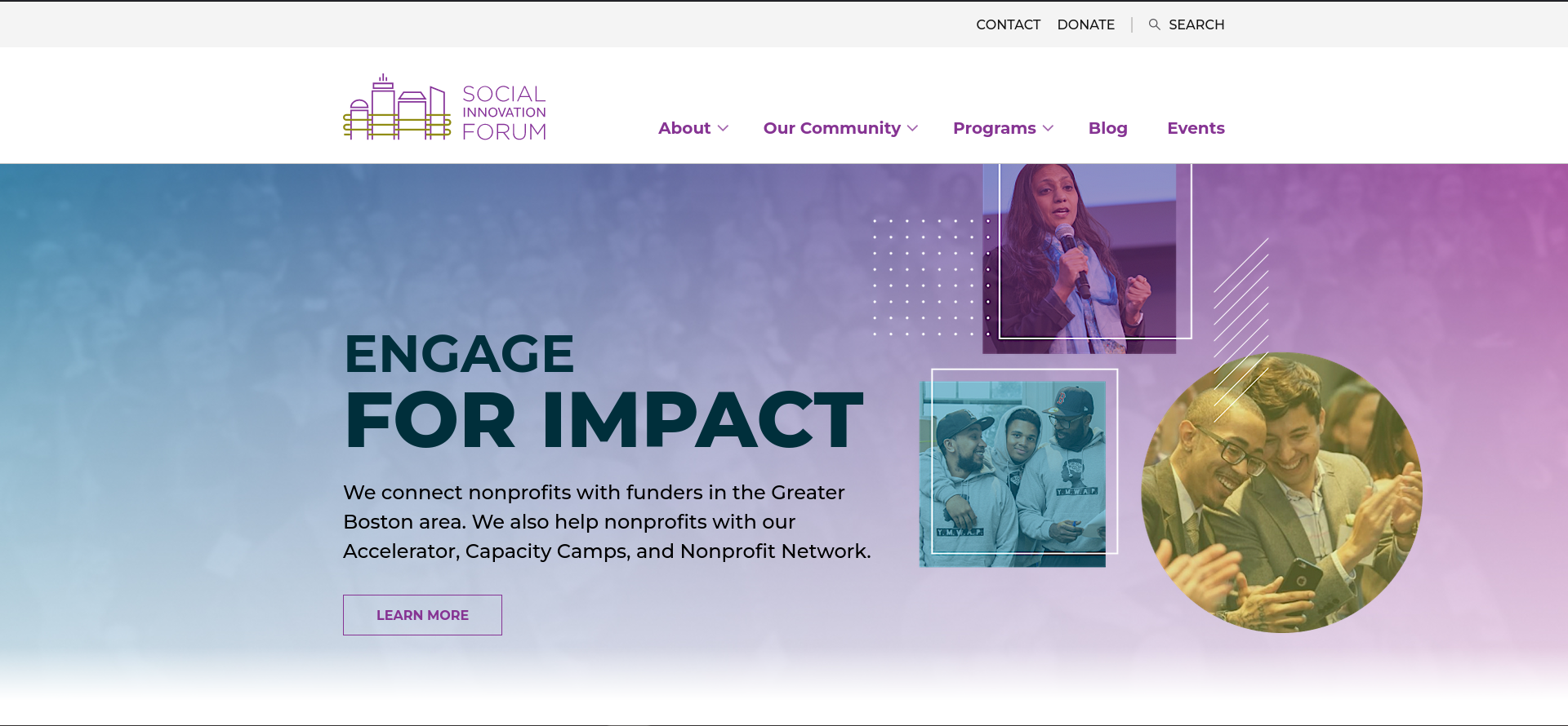 Screenshot of Social Innovation Form's homepage, which includes a very blurred out background as well as three photos from their events.
