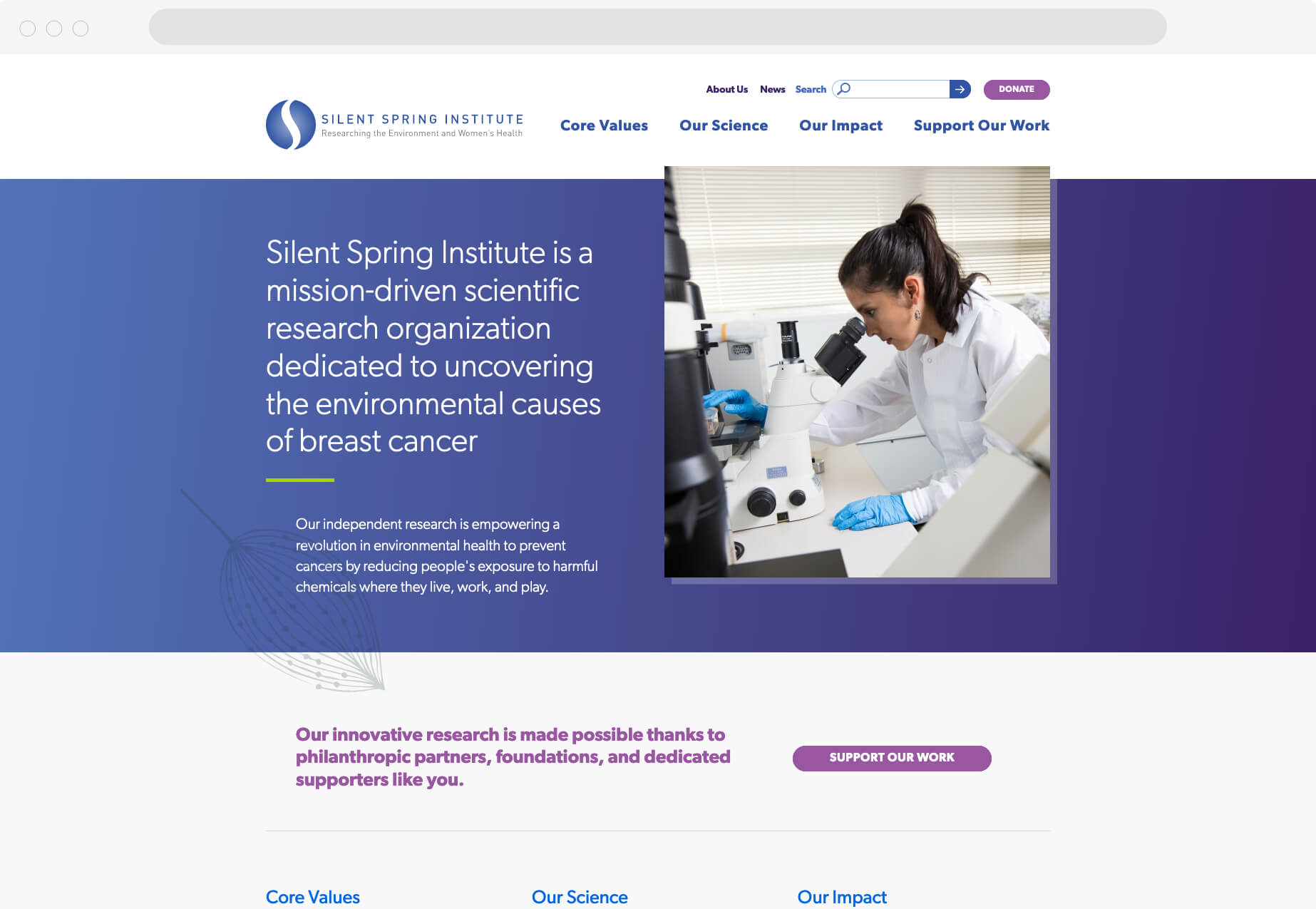 Silent Spring homepage, photo of woman in lab coat looking into a microscope, text reads "Silent Spring Institute is a mission-driven scientific research organization dedicated to uncovering the environmental causes of breast cancer"