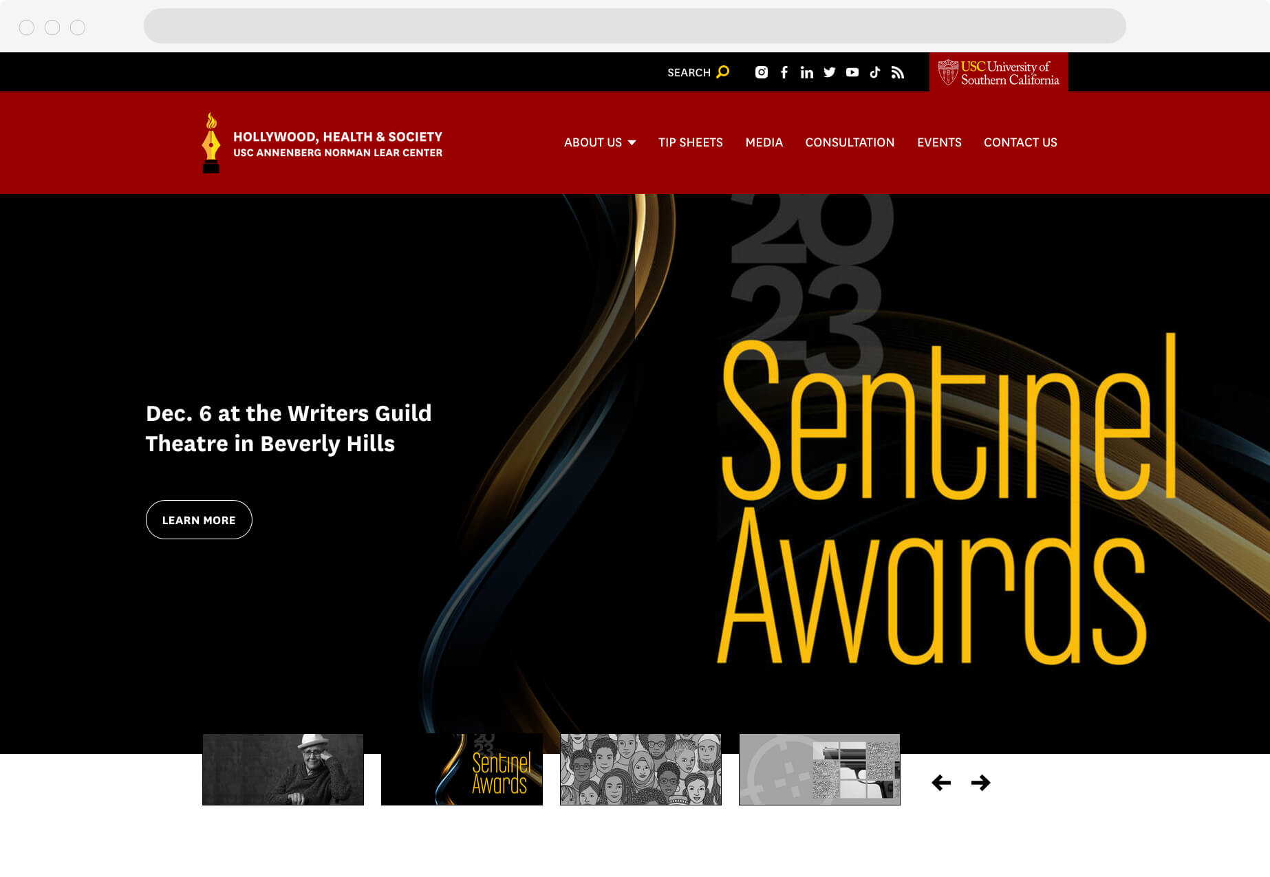 Hollywood Health and Society homepage with clear top navigation and a hero area featuring their Sentinel Awards annual event.