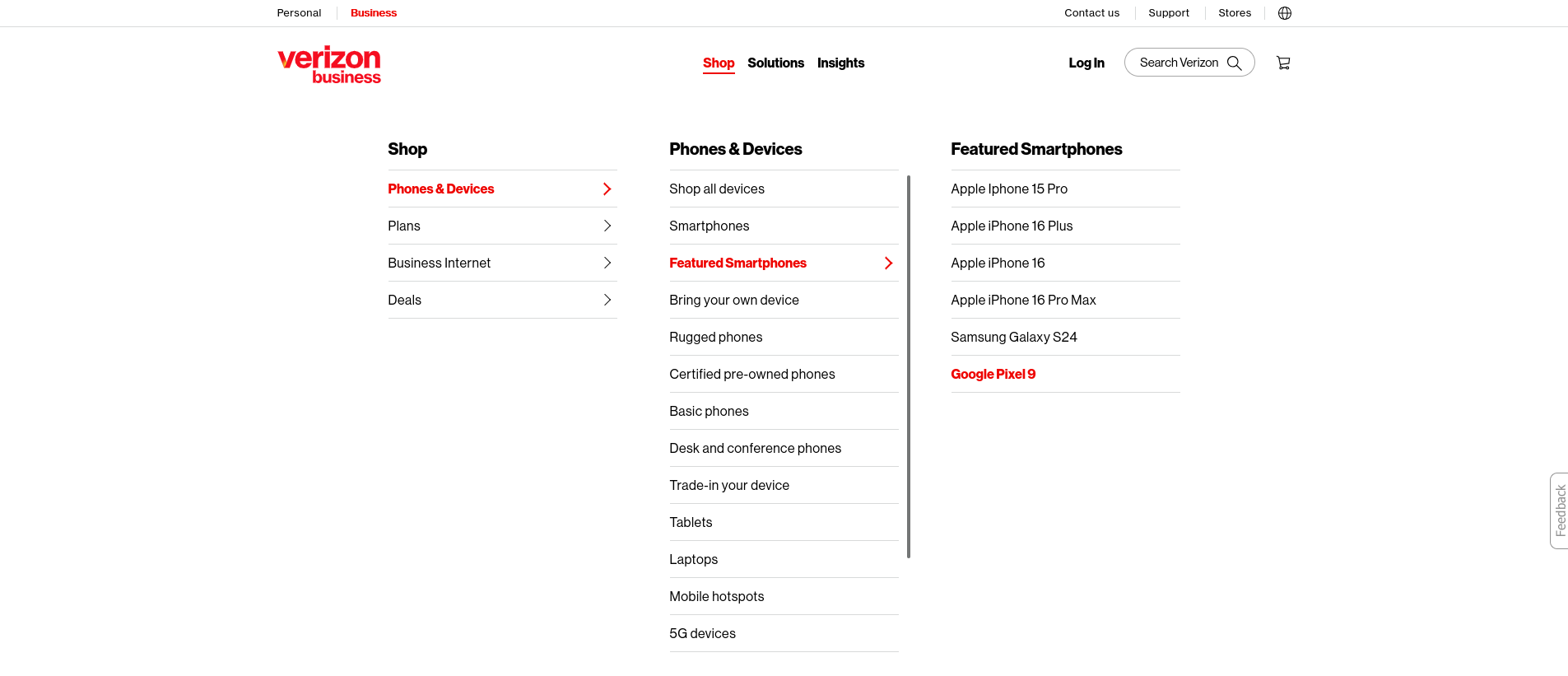 Verizon website's menu.