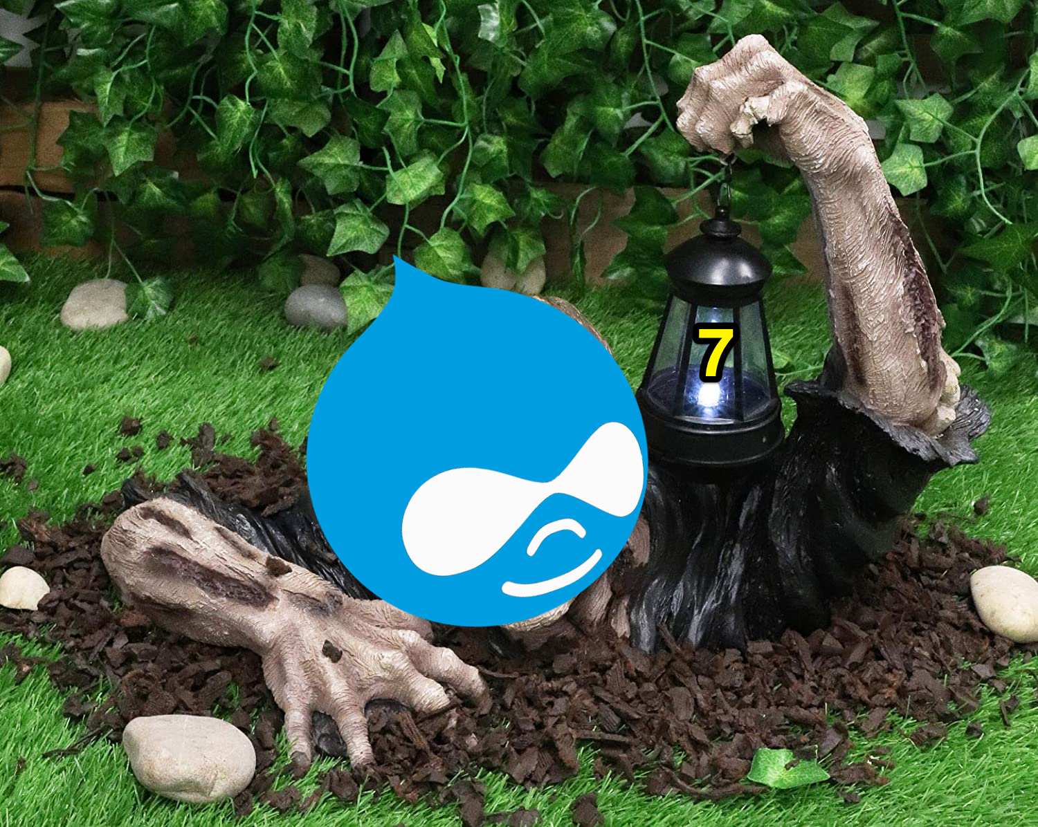 A blue Drupal logo badly photoshopped onto the head of a zombie coming out of a grave, holding a lantern with the number 7 on it.